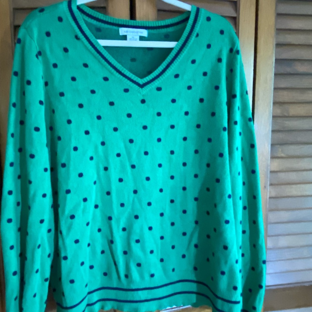 Liz Claiborne Teal and Navy Polka Dot V-Neck Sweater